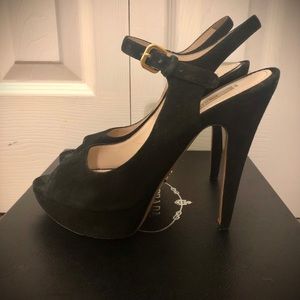 Prada Camoscio Chic Heels Peeptoe Black Suede 36.5